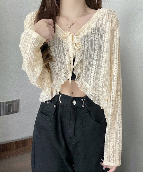 レースボレロカーディガン シアートップス レディース 花柄フリルカーディガン フェミニン 日焼け防止 冷房対策 フロントリボンサマーカーディガン ショート丈春夏服 84WANJIA-017